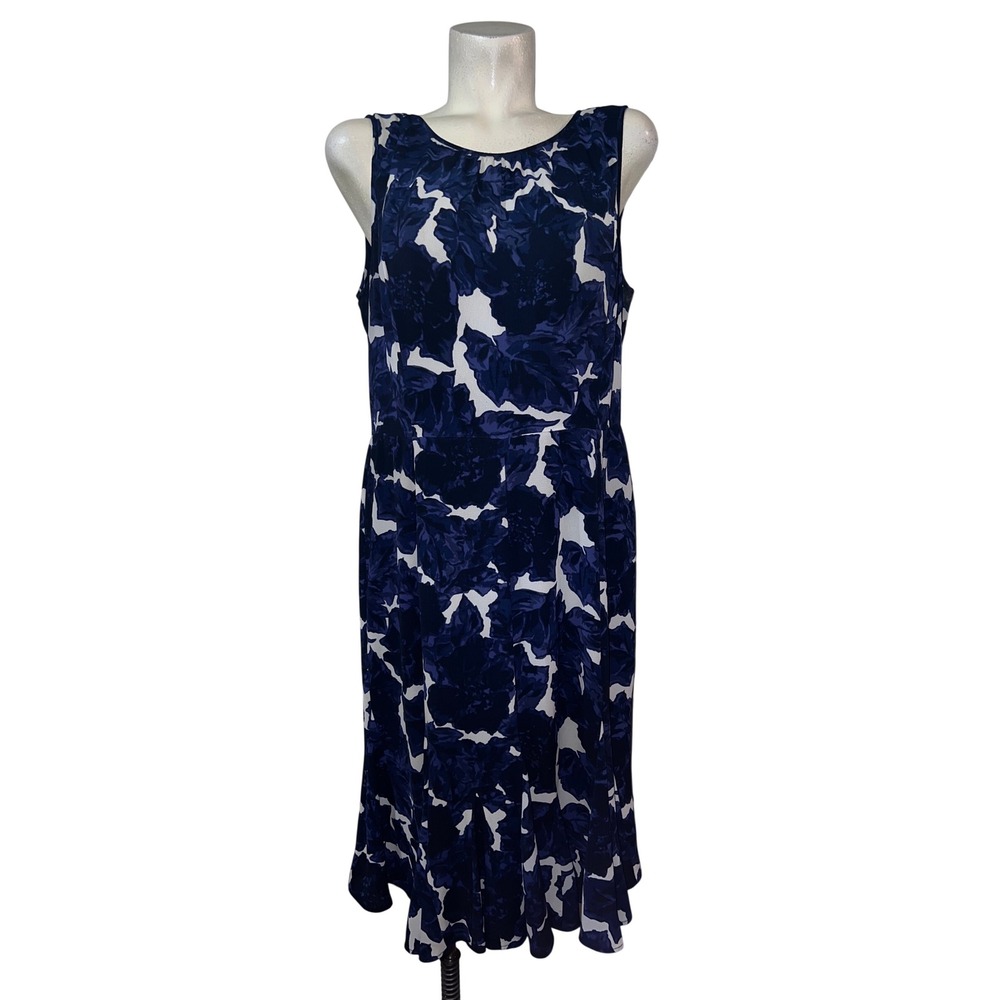 Talbots Womens Sz 16 Navy Blue White Floral Sleeveless Fit and Flare Midi Dress